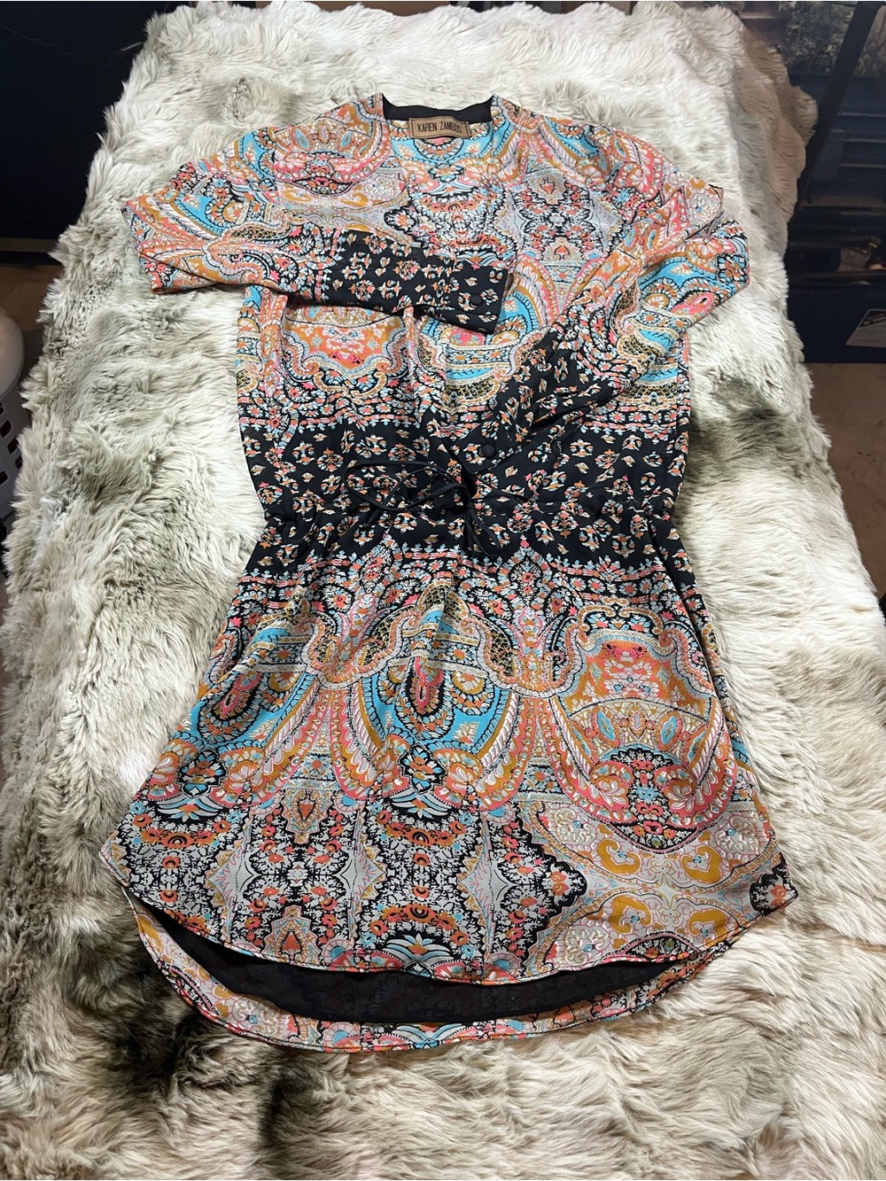 Karen Zambos Paisley Print Long Sleeve Dress - M